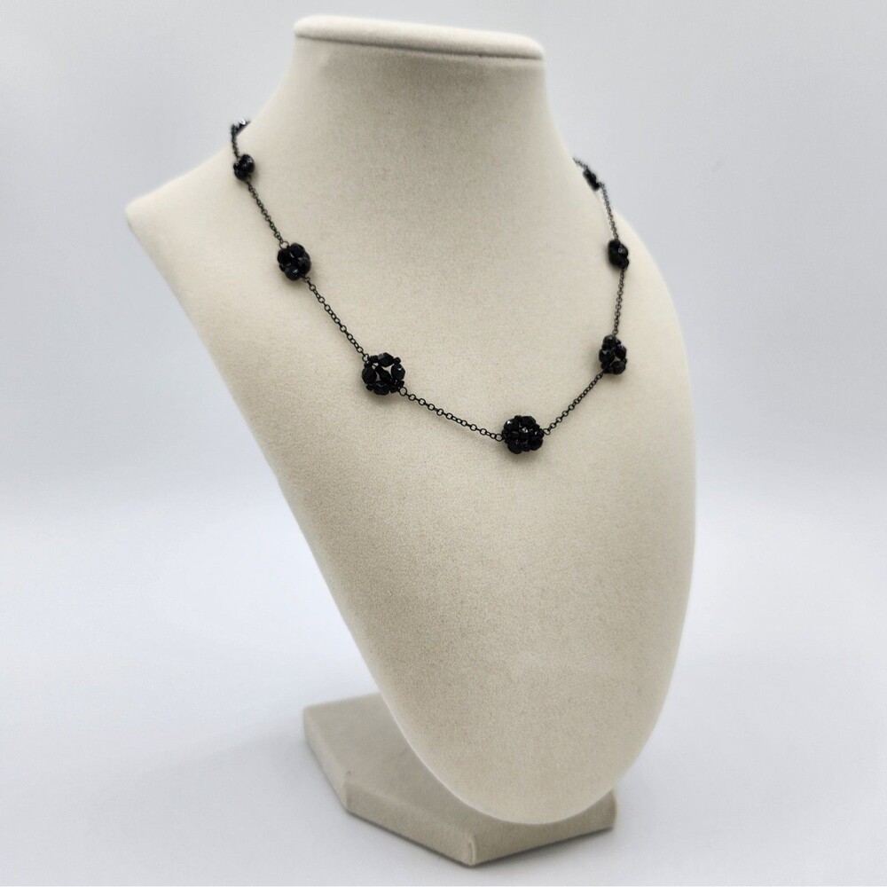 Black Faceted Crystal Dainty Flower Necklace w/ Extension Link